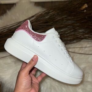 White and Pink Glitter Women's Sneakers